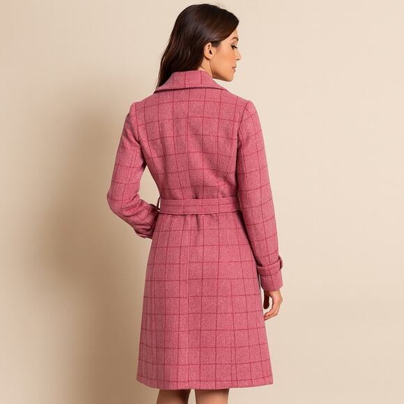 Vintage Pink Plaid Double-Breasted Coat Knee Length UK Size Small Belt Pockets - Picture 9 of 9